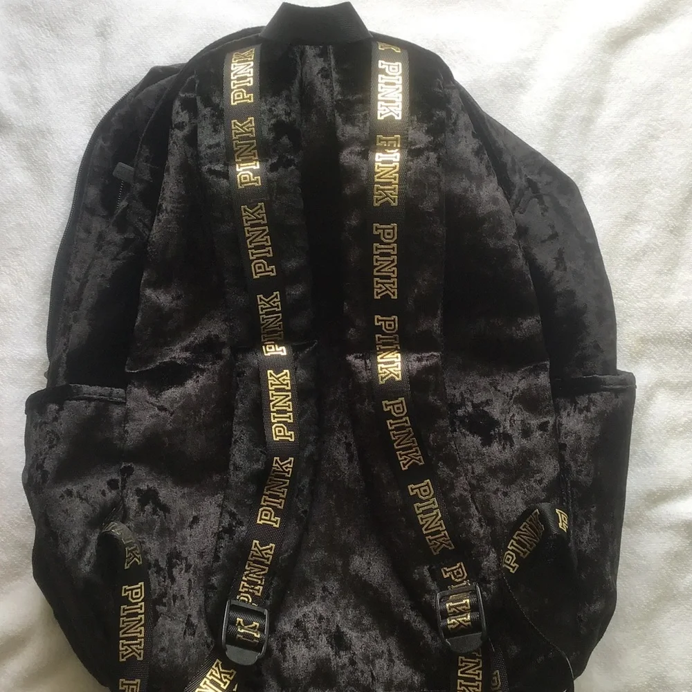 PINK Victoria's Secret Black Velvet Backpack with Gold Logo,PINK VS collegiate